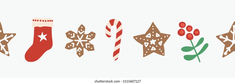 Christmas seamless vector border. Repeating Holiday design hand drawn. Gingerbread star cookie, candy cane, stocking, holly berry. For card decoration, ribbon, trim, party invitation, kids celebration