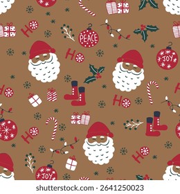Christmas seamless vector brown background with Santa Claus head and decorations, design for wallpaper, textile print, wrapping paper.