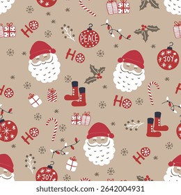 Christmas seamless vector dark beige background with Santa Claus head and decorations, design for wallpaper, textile print, wrapping paper.