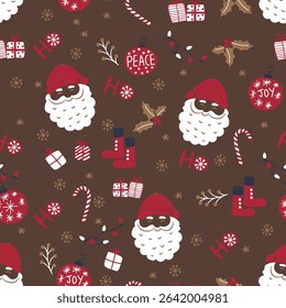 Christmas seamless vector dark brown background with Santa Claus head and decorations, design for wallpaper, textile print, wrapping paper.