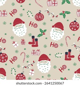 Christmas seamless vector half white background with Santa Claus head and decorations, design for wallpaper, textile print, wrapping paper.