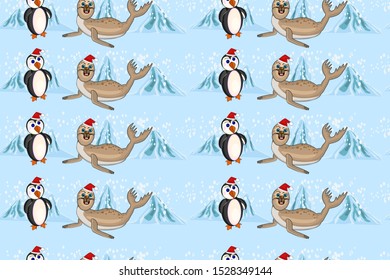 Christmas seamless Vector Illustration background  of a cute penguins and seals for winter and christmas theme. Simple colorful Pattern for printing onto fabric. Holiday wallpaper.  