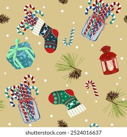 Christmas seamless vector illustration. Lanterns, Christmas sock, candy and spruce on a beige background. For decorating textiles, packaging.