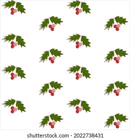 Christmas seamless vector patern with holly leaves and berries on white background