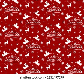 Christmas seamless vector pattern with angels, snowflakes, stars and deers. Winter illustration, background, can be used for wallpaper, pattern fills, surface textures, fabric prints