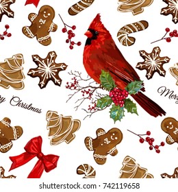 Christmas seamless vector pattern background of gingerbread cookies, red cardinal bird. Hand drawn isolated elements.