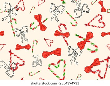 Christmas Seamless Vector Pattern With Candy Canes and bows. Coquette festive background. Isolated Elements. Design Ideal For Textile, Fabric Prints or Wrapping Paper.