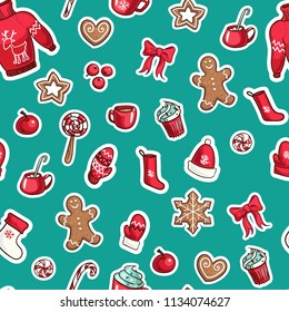 Christmas seamless vector pattern in cartoon style. New Year endless texture for wallpaper, web page background, wrapping paper. Flat style. Part of big set. Hand drawn illustration.