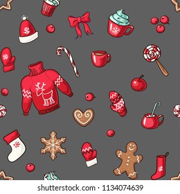 Christmas seamless vector pattern in cartoon style. New Year endless texture for wallpaper, web page background, wrapping paper. Flat style. Part of big set. Hand drawn illustration.