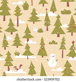 Christmas seamless vector pattern with coniferous trees and snow on blue. Cartoon childish style.