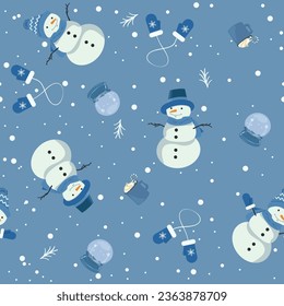 Christmas Seamless Vector Pattern. Contain flat snowman illustration on a blue background. Great for wrapping paper and wallpapers.