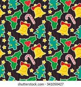 Christmas Seamless Vector Pattern.  Contain mistletoe, bell, candy cane and christmas tree illustrations. Great for wrapping paper and wallpapers.