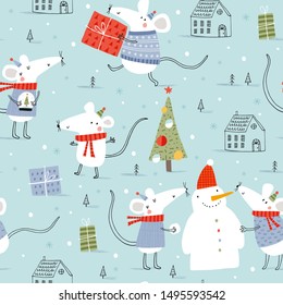 Christmas seamless vector pattern with cute mice. Can be used for wallpaper, pattern fills, web page background, gifts. Creative Hand Drawn textures for winter holidays.