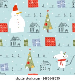 Christmas seamless vector pattern with cute mice. Can be used for wallpaper, pattern fills, web page background, gifts. Creative Hand Drawn textures for winter holidays.