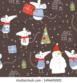 Christmas seamless vector pattern with cute mice. Can be used for wallpaper, pattern fills, web page background, gifts. Creative Hand Drawn textures for winter holidays.