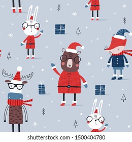 Christmas seamless vector pattern with cute animals. Can be used for wallpaper, pattern fills, web page background, gifts. Creative Hand Drawn textures for winter holidays.