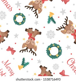 Christmas seamless vector pattern with cute baby deer on white backround.  Can be used for wallpaper, pattern fills, surface textures, fabric prints.