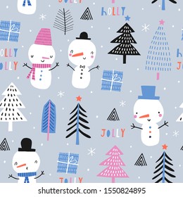 Christmas seamless vector pattern with cute snowmen. Can be used for wallpaper, pattern fills, web page background, gifts. Creative Hand Drawn textures for winter holidays.