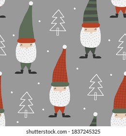 Christmas seamless vector pattern with cute elves. Can be used for wallpaper, pattern fills, web page background, gifts. Creative Hand Drawn textures for winter holidays.