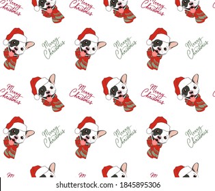 Christmas seamless vector pattern with cute french bulldog, wearing santa claus hat. Wallpaper New Year. The inscription Merry Christmas. Textile composition, hand drawn style. Isolated puppy print