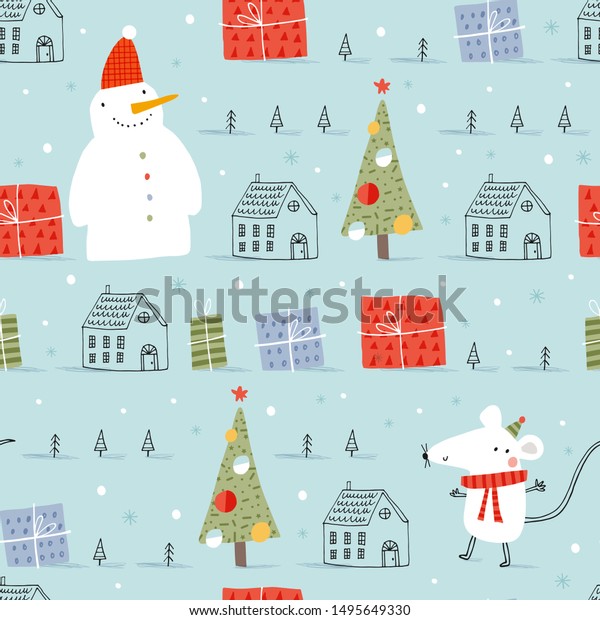 かわいいネズミを使ったクリスマスのシームレスなベクター画像パターン 壁紙 パターン塗り ウェブページの背景 ギフトに使用できます 冬休みのクリエイティブな手描きのテクスチャー のベクター画像素材 ロイヤリティフリー