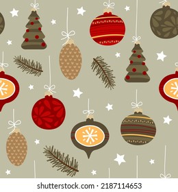 Christmas seamless vector pattern with Christmas decorations. For fabrics, wrapping paper, wallpapers.