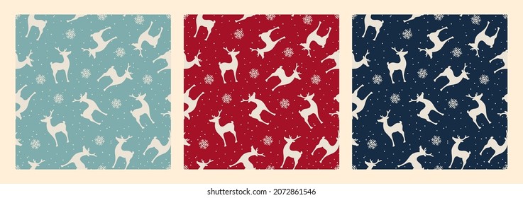 Christmas seamless vector pattern, deers and snowflakes on different backgrounds. Design for gift wrapping paper, fabric, clothes, textile, surface textures, scrapbook, wallpaper.
