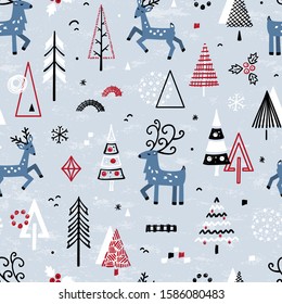 Christmas Seamless Vector Pattern with Doodle Deers and Christmas Trees. Cartoon Cute Reindeer and Winter Forest Background. New Year Holiday Wallpaper, Wrapping Paper