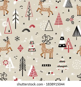 Christmas Seamless Vector Pattern with Doodle Deers and Christmas Trees. Cartoon Cute Reindeer and Winter Forest Background. New Year Holiday Wallpaper, Wrapping Paper