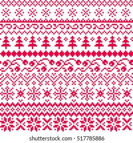 Christmas seamless vector pattern with ethnic motifs in red on a white background. New Year. Pixel.