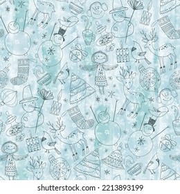 Christmas seamless vector pattern with festive symbols on blue watercolor background. Scandinavian theme. Perfect for design templates, wallpaper, wrapping, fabric and textile.