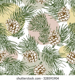 Christmas seamless vector pattern with fluffy branches of fir-tree and pine cones. Hand drawn in vintage engraved style. Background for fabric, wrapping paper, web, greeting cards and other.