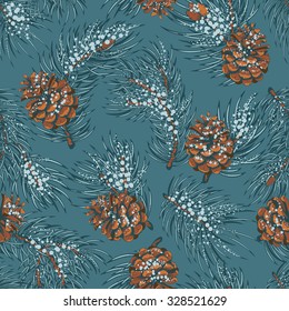 Christmas seamless vector pattern with frost on fluffy branches of fir-tree and pine cones. Hand drawn in vintage engraved style. Background for fabric, wrapping paper, web, greeting cards and other.