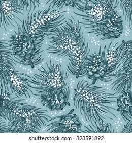 Christmas seamless vector pattern with frost on fluffy branches of fir-tree and pine cones. Hand drawn in vintage engraved style. Background for fabric, wrapping paper, web, greeting cards and other.