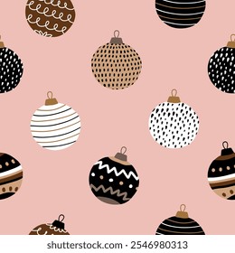 Christmas Seamless Vetor Pattern. Uma Mão Engraçada Desenhou Balas. Ilustração sem fim bonita de bolas de árvore de Natal engraçadas em um fundo rosa claro. Desenho infantil como padrão de Natal com bailes.