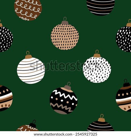 Christmas Seamless Vector Pattern. Funny Hand Drawn Baubles. Cute Endless Illustration of Funny Christmas Tree Balls on a Dark Green Background. Infantile Drawing-like Xmas Pattern with Baubles.
