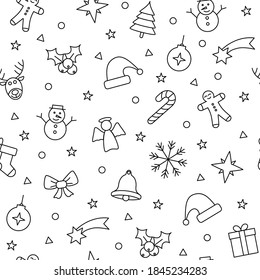 Christmas seamless vector pattern. Gift, present wrapping paper. Xmas texture winter ornament background. Holiday celebration wallpaper. Christmas tree, santa minimal design elements.