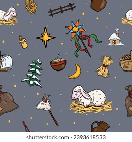 Christmas seamless vector pattern for gift paper with ukrainian christmas traditions and elements