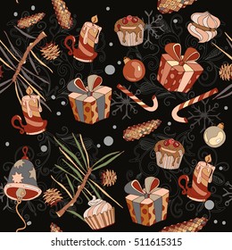 Christmas seamless vector pattern. Christmas gifts and decorations, seamless pattern with New Year, art christmas background. 