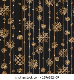 Christmas seamless vector pattern with gold snowflakes decoration isolated on black background. Design template for print, fabric, invitation, brochure, card, wallpaper
