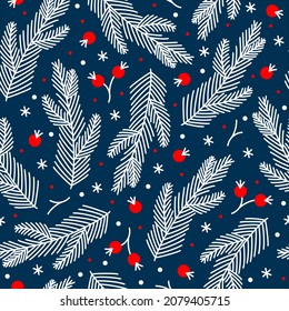 Christmas seamless vector pattern. Hand-drawn illustration on a blue background. Spruce branches, berries, snowflakes. Seasonal botanical elements. Backdrop for decoration, design of cards, textiles.