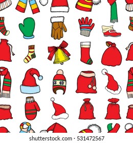 Christmas seamless vector pattern. Holiday icons, patches, stickers. Gifts, christmas and balls. New Year celebration elements. Design for fashion print, wrapping, backgrounds.