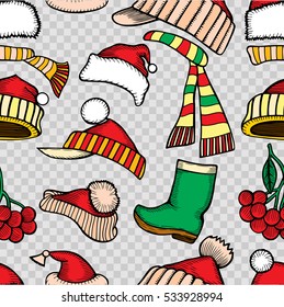 Christmas seamless vector pattern. Holiday icons, patches, stickers. New Year celebration elements. Design for fashion print, wrapping, backgrounds