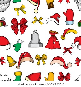 Christmas seamless vector pattern. Holiday icons, patches, stickers. Gifts, christmas and balls. New Year celebration elements. Design for fashion print, wrapping, backgrounds