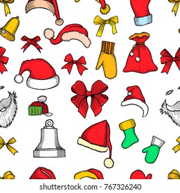Christmas seamless vector pattern. Holiday icons, patches, stickers. Gifts, christmas and balls. New Year celebration elements. Design for fashion print, wrapping, backgrounds