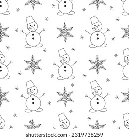 Patrón vectorial de Navidad sin fisuras. Ilustración de un muñeco de nieve plano y copos de nieve. Ideal para envolver papel y papel pintado.