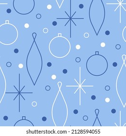 Christmas seamless vector pattern. Minimalistic illustration with snowflakes and Christmas tree decoration ball. Line art, north hugge aesthetic