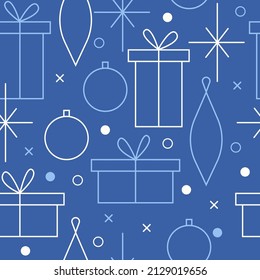 Christmas seamless vector pattern. Minimalistic illustration with snowflakes and gift boxes, and Christmas tree decoration ball. Line art, north hugge aesthetic