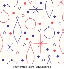 Christmas seamless vector pattern. Minimalistic illustration with snowflakes and gift boxes, and Christmas tree decoration ball. Line art, north hugge aesthetic