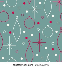 Christmas seamless vector pattern. Minimalistic illustration with snowflakes and gift boxes, and Christmas tree decoration ball. Line art, north hugge aesthetic